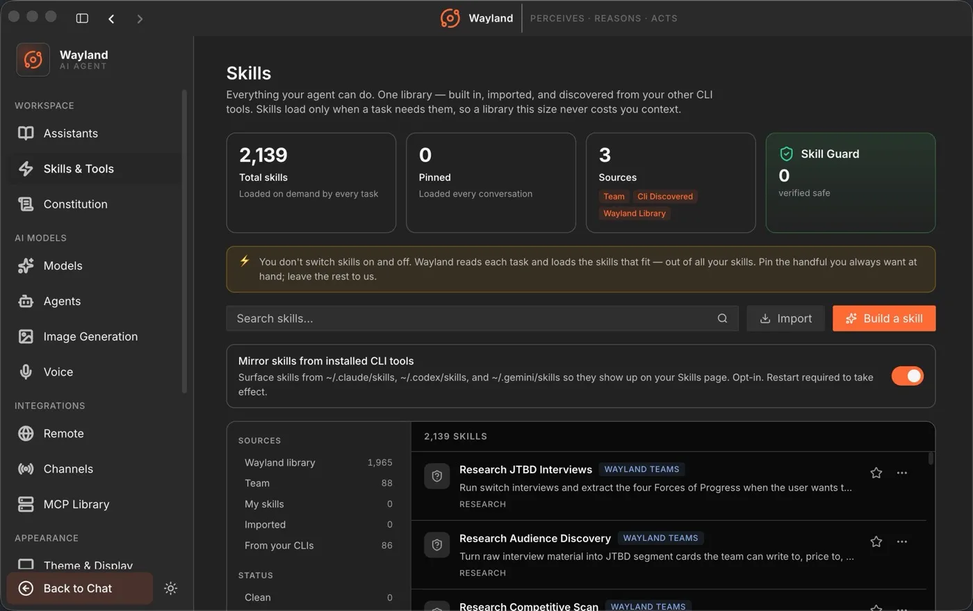 Wayland skills - 2,000+ capabilities auto-loaded on demand